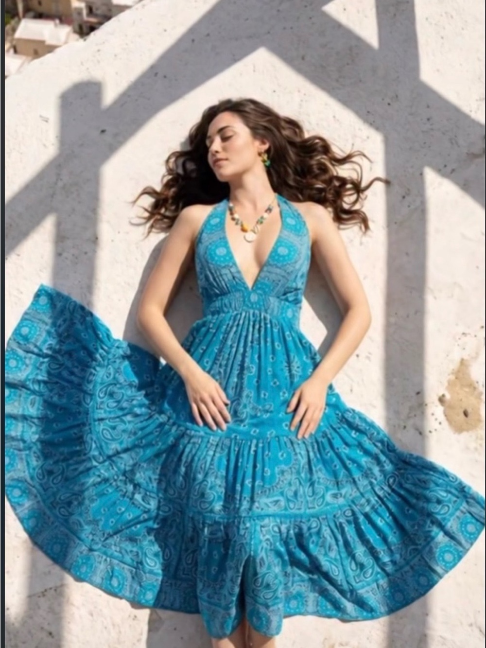 Antica Sartoria blue Paisley Halter Maxi Dress - Women's Summer Tiered Maxi